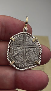 video Mel Fisher's Atocha 4 Reale Shipwreck Coin 14K Gold & Sterling Silver Pendant