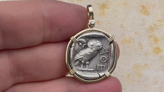 Ancient Greek Athena and the Owl Silver Tetradrachm circa 450 BC 14K Gold Pendant | Artifact #5758