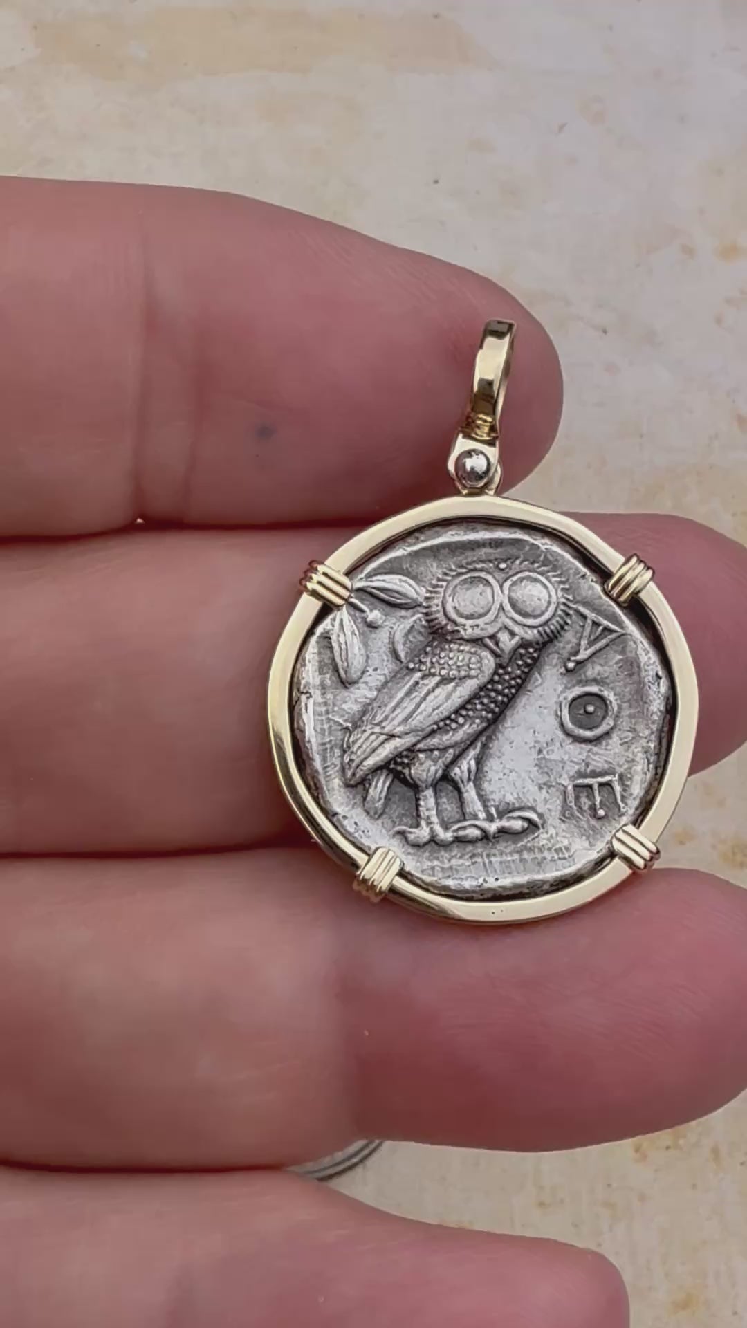 video Ancient Greek Athena and the Owl Silver Tetradrachm circa 450 BC 14K Gold Pendant