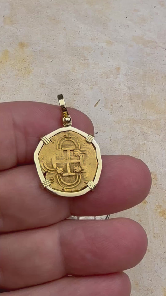 video Pirate Era Circa 1615 22K Gold Two Escudo - the Legendary Doubloon - 18K Gold Pendant 