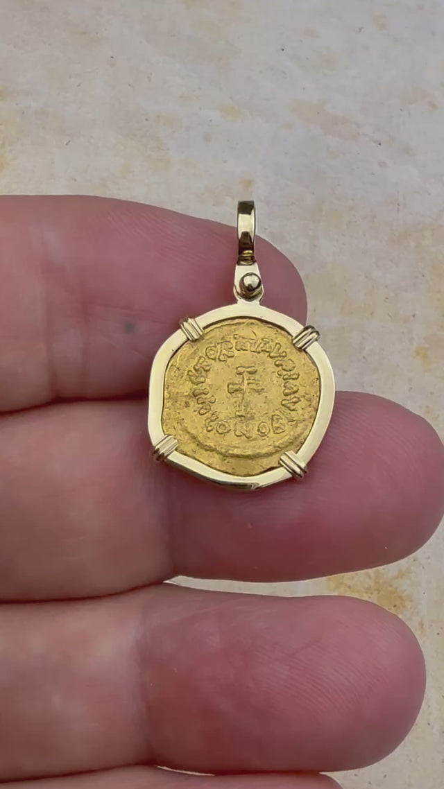 video Byzantine Empire Gold Victory Cross Tremissis Coin Circa 582 AD in 18K Gold Pendant