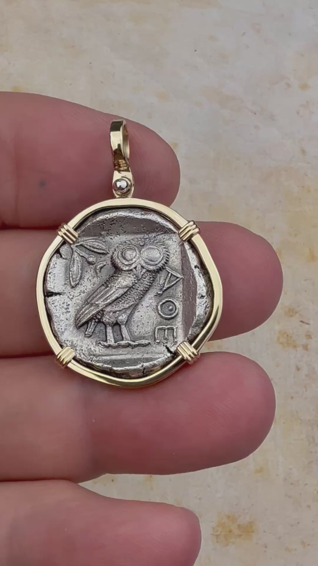 video Ancient Greek Athena and the Owl Silver Tetradrachm circa 450 BC 14K Gold Pendant