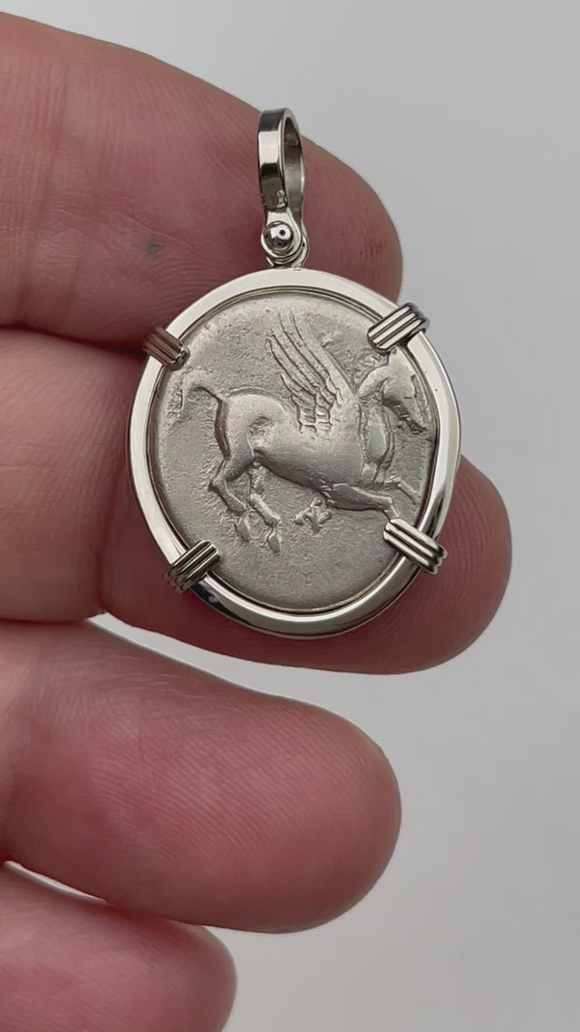 Ancient Greek Pegasus and Athena Silver Stater circa 350 – 240 BC 14K White Gold Pendant | Artifact #9700