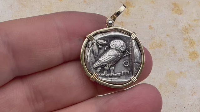 Ancient Greek Athena and the Owl Silver Tetradrachm circa 450 BC 14K Gold Pendant | Artifact #5788
