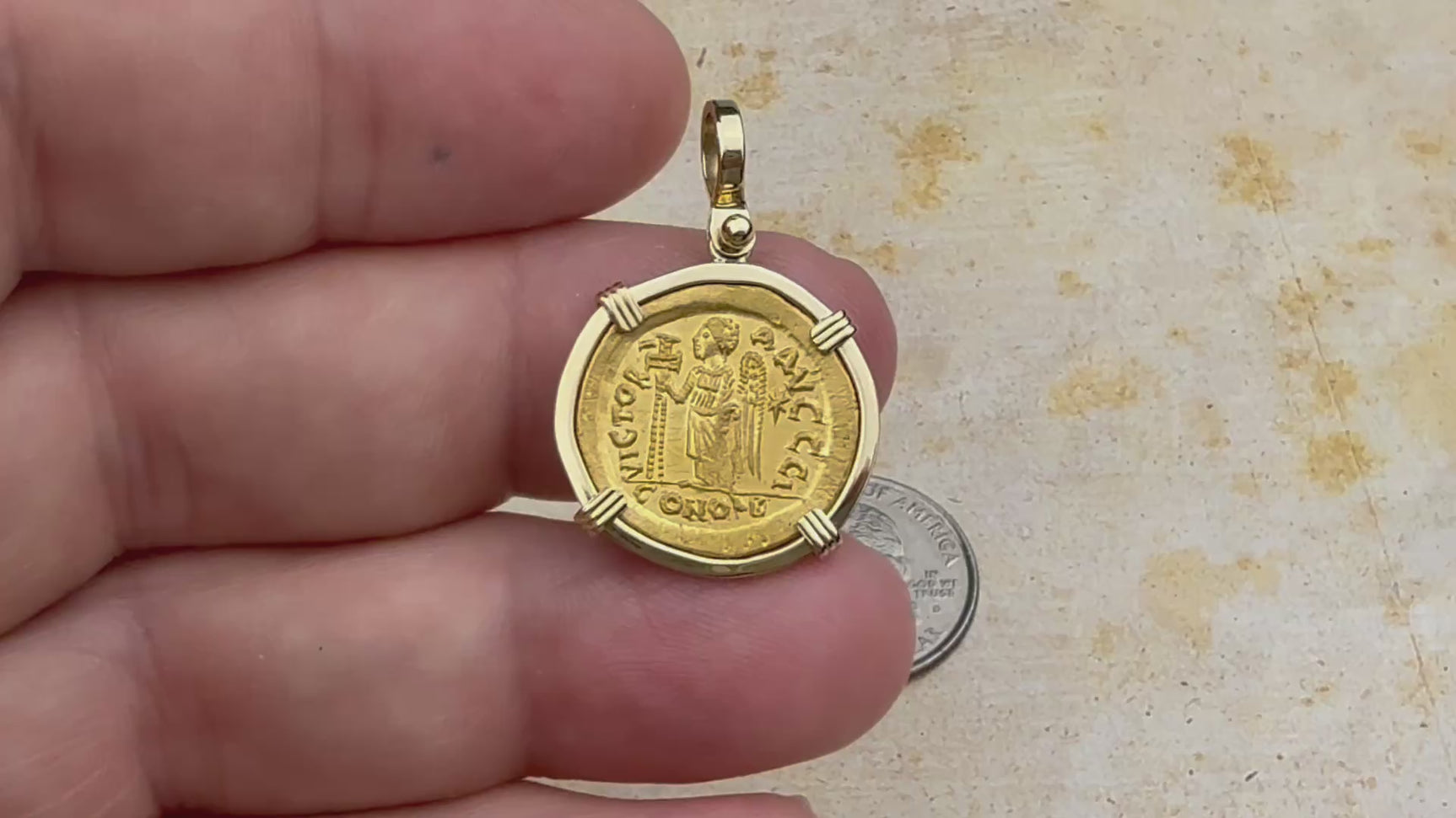 video Roman Byzantine Empire "Victory" Angel 24K Gold Solidus Coin circa 491 AD 18K Gold Pendant