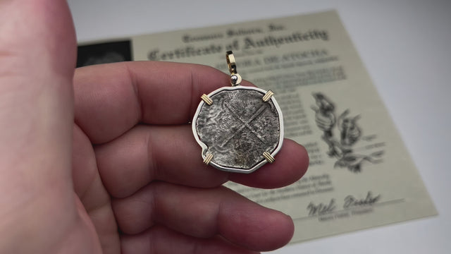 video Mel Fisher's Atocha 4 Reale Shipwreck Coin 14K Gold & Sterling Silver Pendant