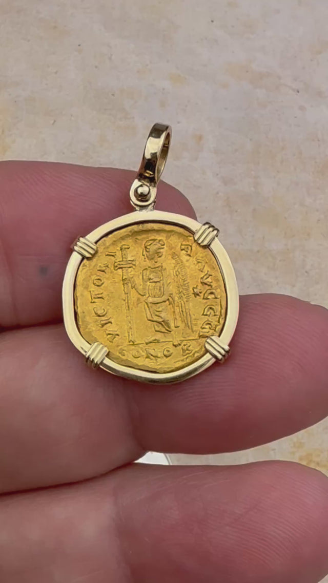 video Roman Byzantine Empire VICTORY Angel 24K Gold Solidus Coin circa 476 AD 18K Gold Pendant