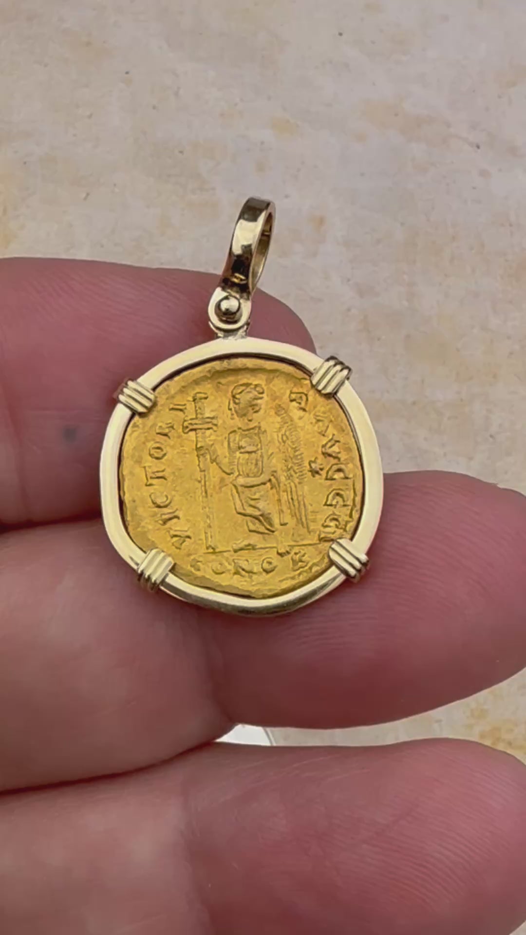 video Roman Byzantine Empire VICTORY Angel 24K Gold Solidus Coin circa 476 AD 18K Gold Pendant