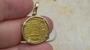 video Byzantine Empire 24K Gold Cross VICTORY Solidus Coin Circa 654 AD 18K Gold Pendant 