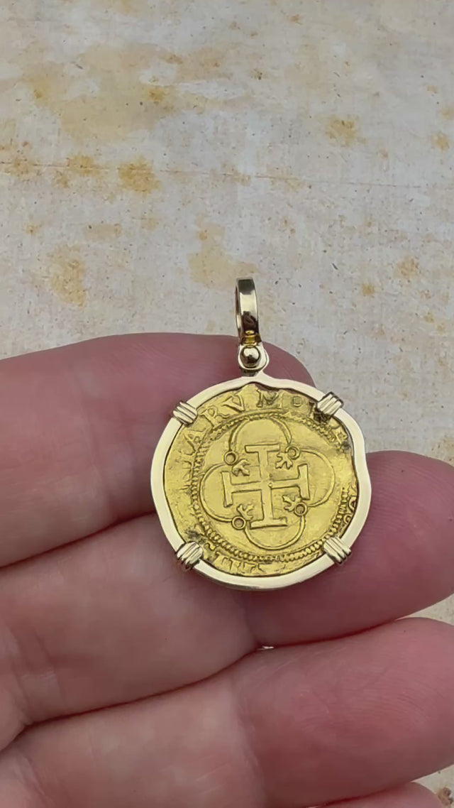 video Circa 1560 22K Gold One Escudo - the Legendary Doubloon - 18K Gold Pendant