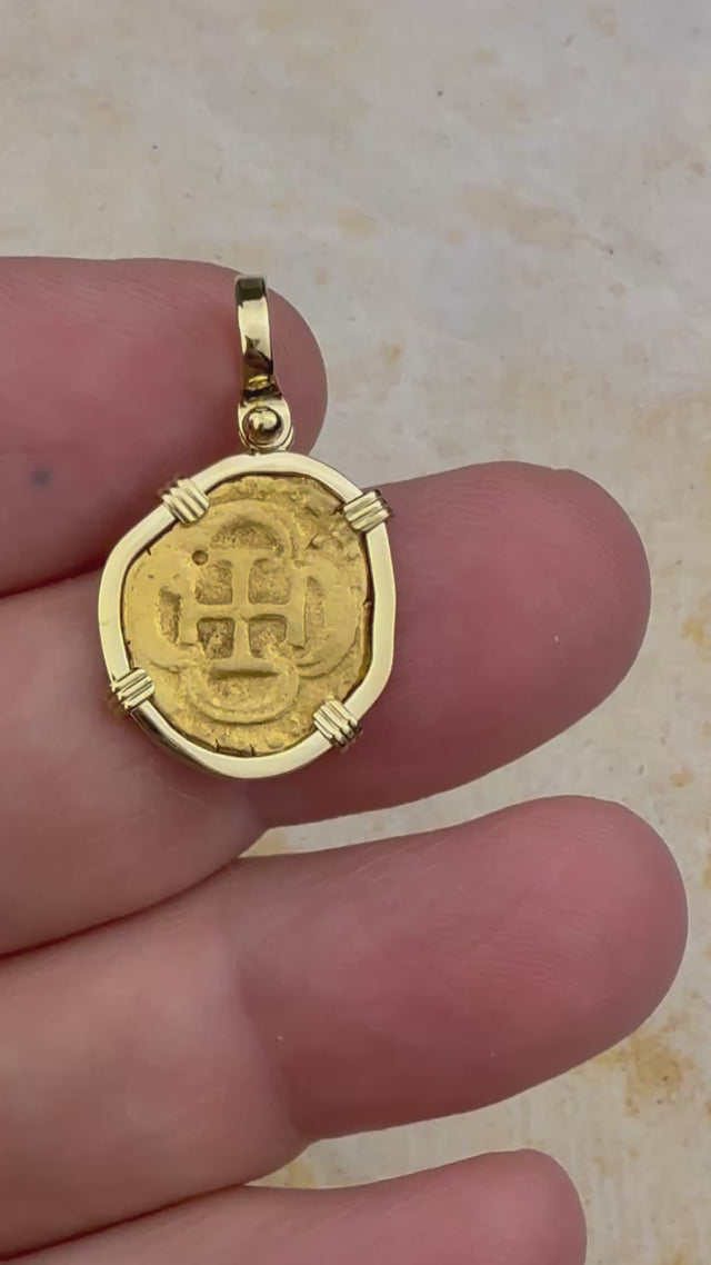 video Pirate Era Circa 1592 22K Gold One Escudo - the Legendary Doubloon - 18K Gold Pendant