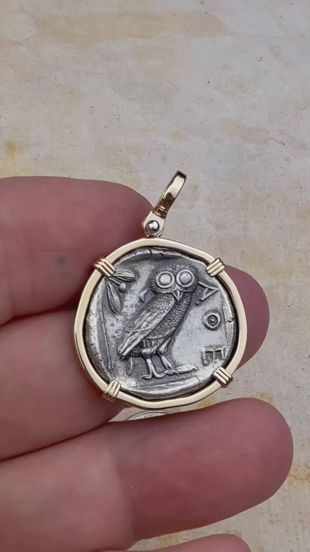 video Ancient Greek Athena and the Owl Silver Tetradrachm circa 450 BC 14K Gold Pendant