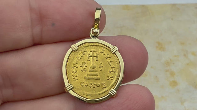 Byzantine Empire Victory Cross 24K Gold Solidus Coin Circa 610 AD in 18K Gold Pendant | Artifact #4745