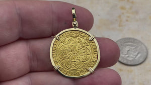 video Medieval France Royal 22K Gold Ecu d'or Cross Coin of Charles VI circa 1380 in an 18K Gold Pendant