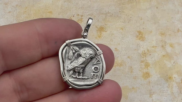 Ancient Greek Athena and the Owl Silver Tetradrachm circa 450 BC RARE Zero-Die 14K White Gold Pendant | Artifact #5563