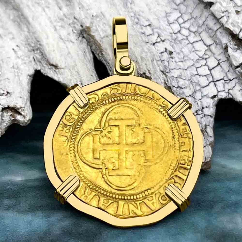 Circa 1560 Unknown Shipwreck 22K Gold 1 Escudo - the Legendary Doubloon 18K Gold Pendant