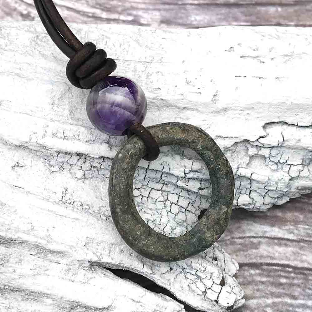 Wide Green Patinated Celtic Ring Money &amp; Genuine Amethyst Leather Necklace