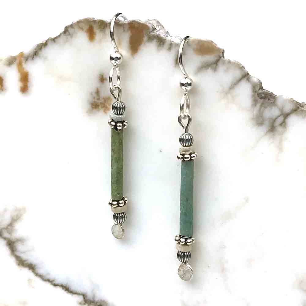 Ancient Egyptian Faience Mummy Bead Earrings in Sterling Silver
