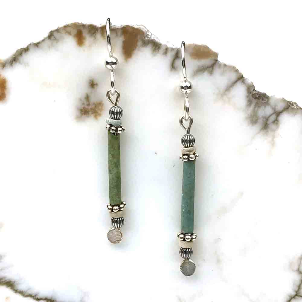 Ancient Egyptian Faience Mummy Bead Earrings in Sterling Silver