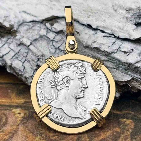 Roman Empire Silver Denarius Coin of Hadrian, the Builder 123 AD 14K Gold Pendant