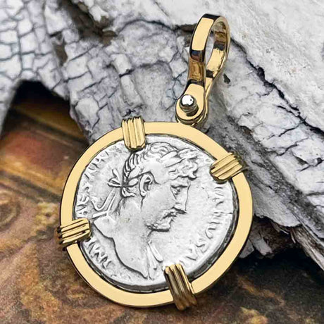 Roman Empire Silver Denarius Coin of Hadrian, the Builder 123 AD 14K Gold Pendant