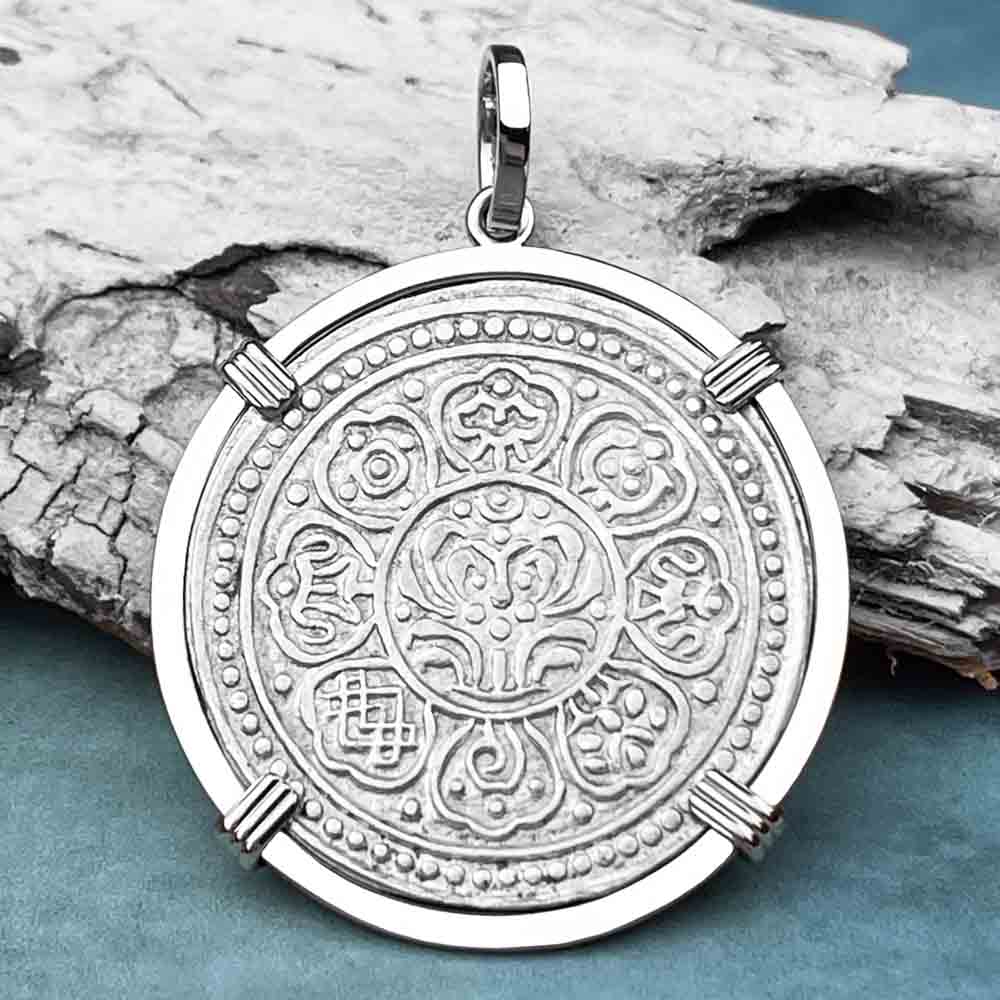 Tibet Ga-den Silver Tanka Lotus &amp; Buddha&#39;s Eight Paths to Enlightenment &amp; Good Fortune Mandala 14K White Gold Pendant