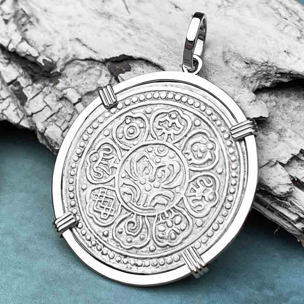 Tibet Ga-den Silver Tanka Lotus &amp; Buddha&#39;s Eight Paths to Enlightenment &amp; Good Fortune Mandala 14K White Gold Pendant