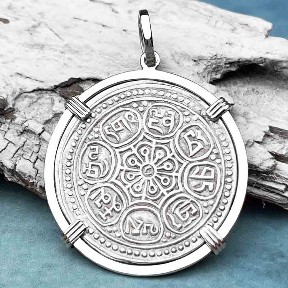 Tibet Ga-den Silver Tanka Lotus &amp; Buddha&#39;s Eight Paths to Enlightenment &amp; Good Fortune Mandala 14K White Gold Pendant