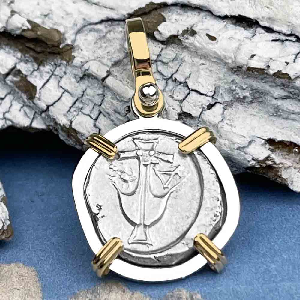 Ancient Greek Anchor and Gorgon Silver Drachm 400 BC Sterling 14Kk Gold &amp; Silver Pendant