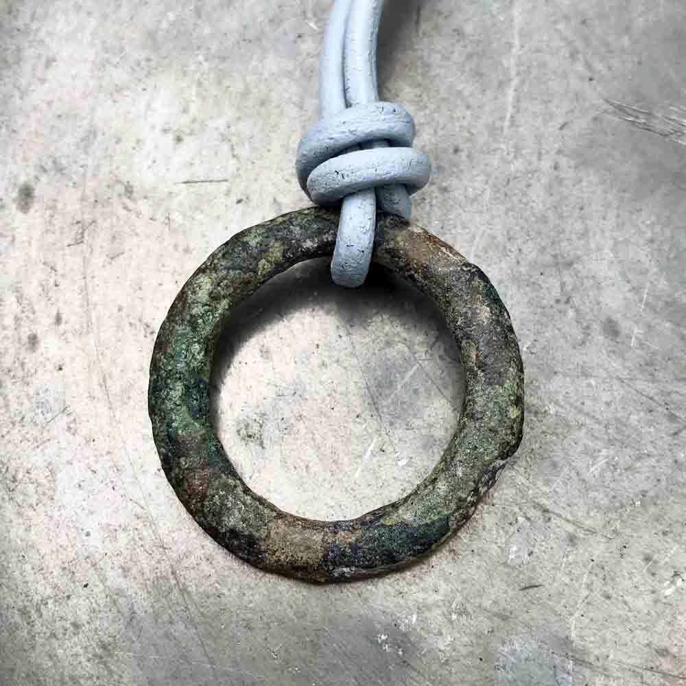 Green Flecked Bronze Celtic Ring Money Leather Necklace