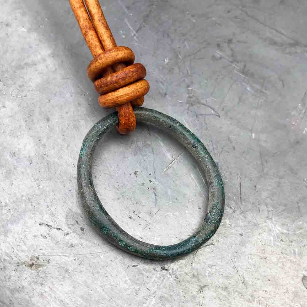 Rare Oval Green Flecked Bronze Celtic Ring Money Leather Necklace