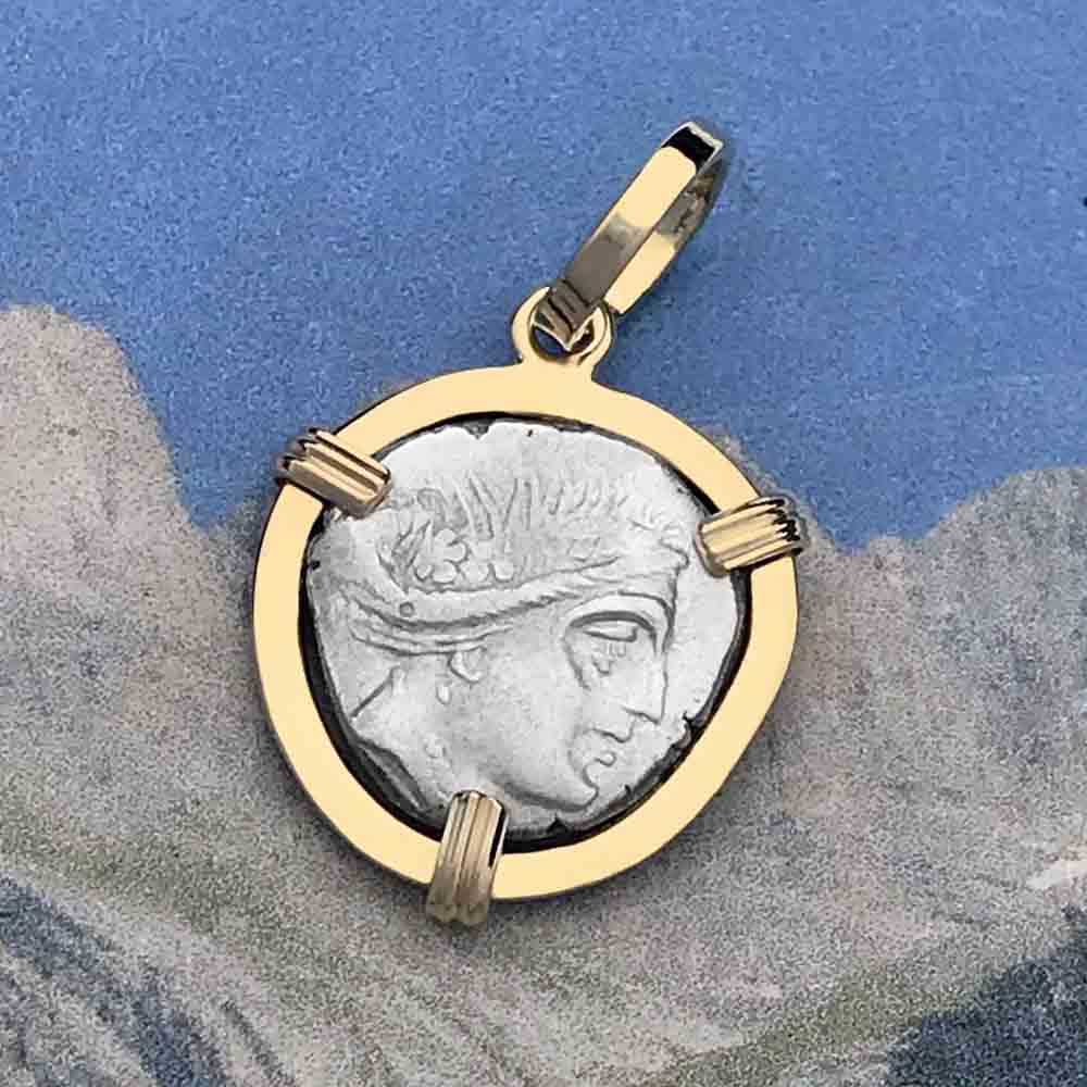 Ancient Greece Histiaia Water Nymph 300 BC Silver Tetrobol Necklace in 18K Gold