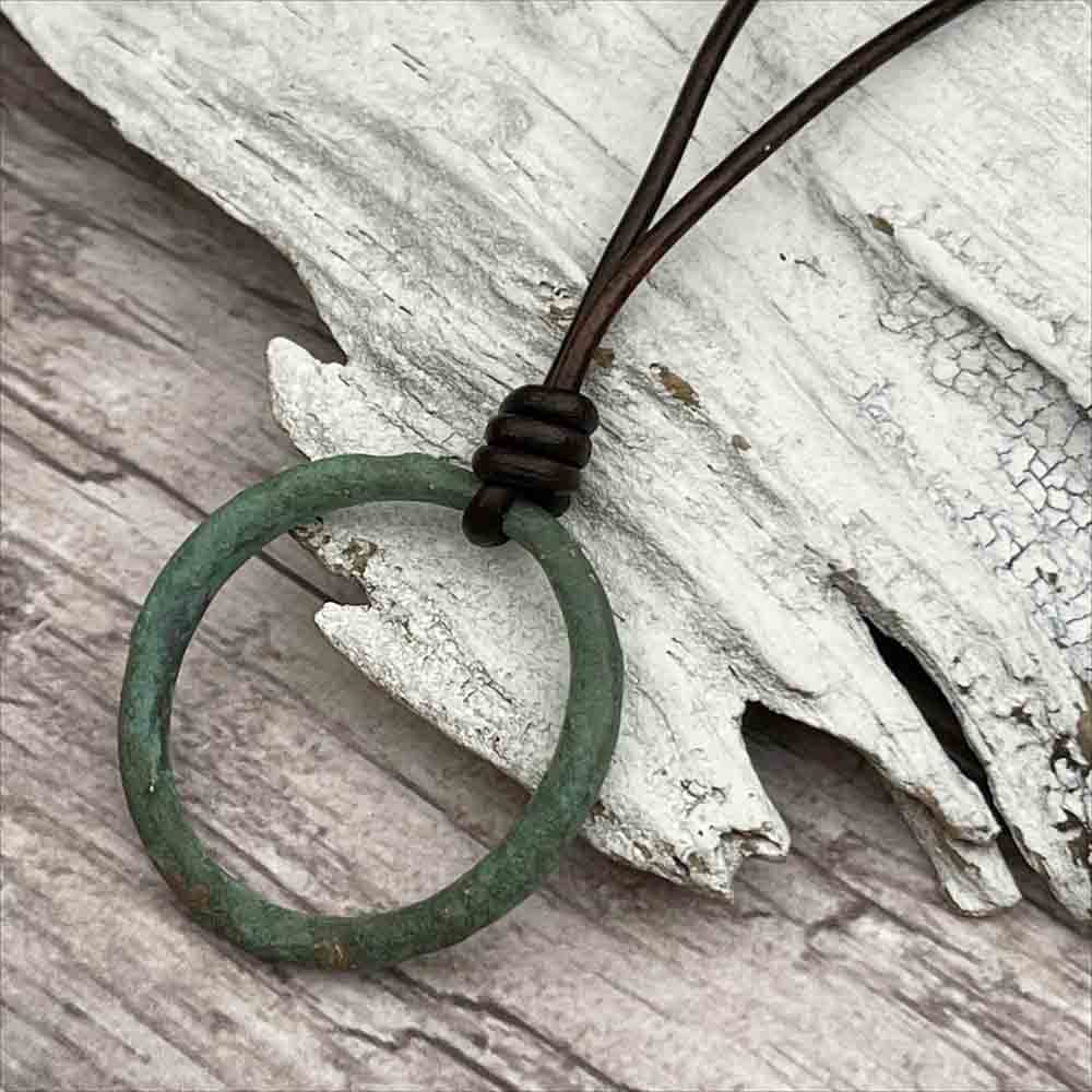 Large Green Patinated Bronze Celtic Ring Money Leather Necklace