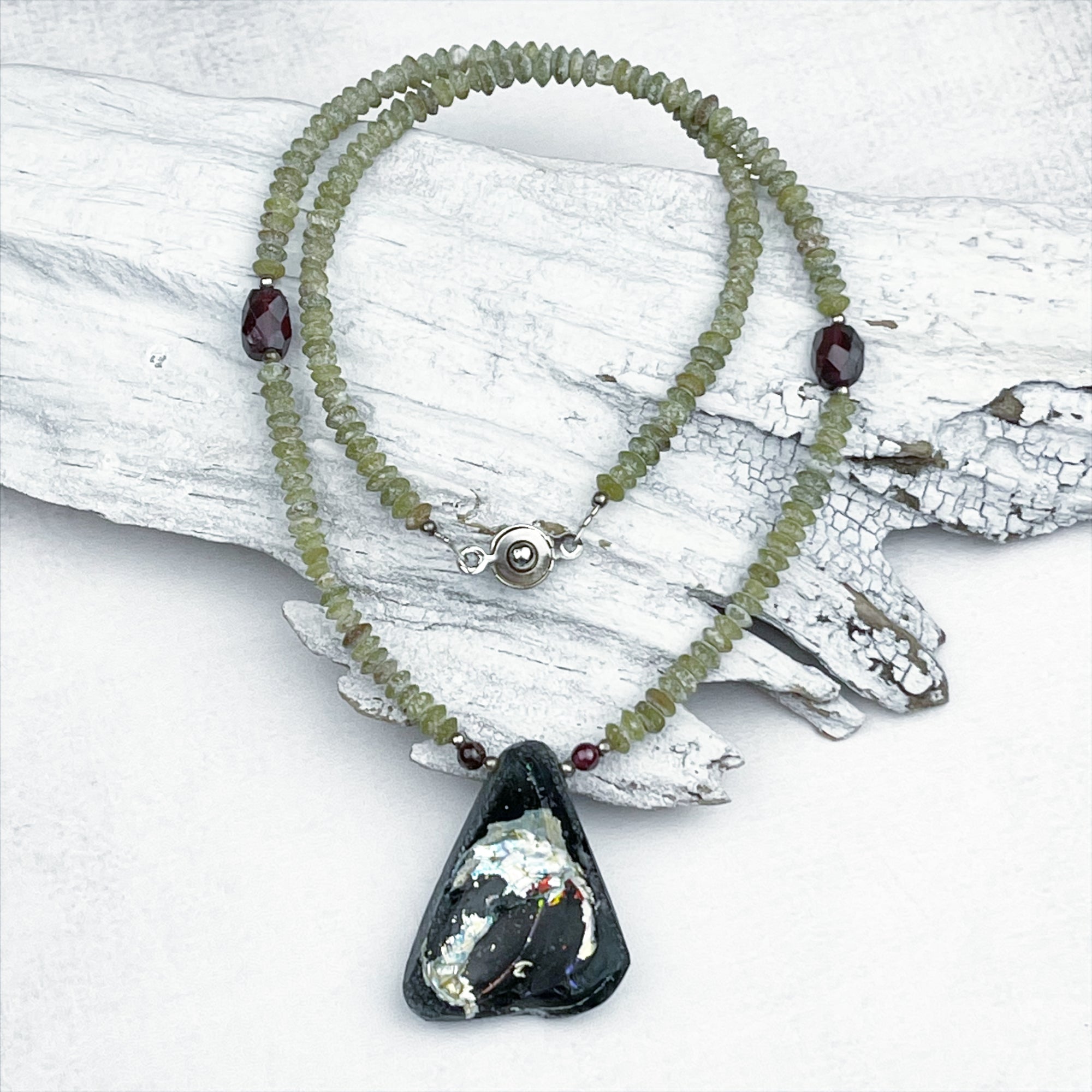 Ancient Roman Glass Necklace with Green Serpenite Beads in Sterling Silver