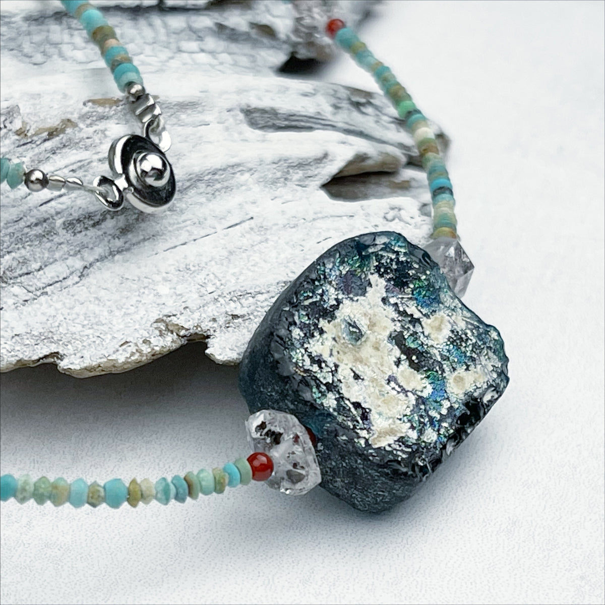 Ancient Roman Glass Necklace with Turquoise Beads in Sterling Silver