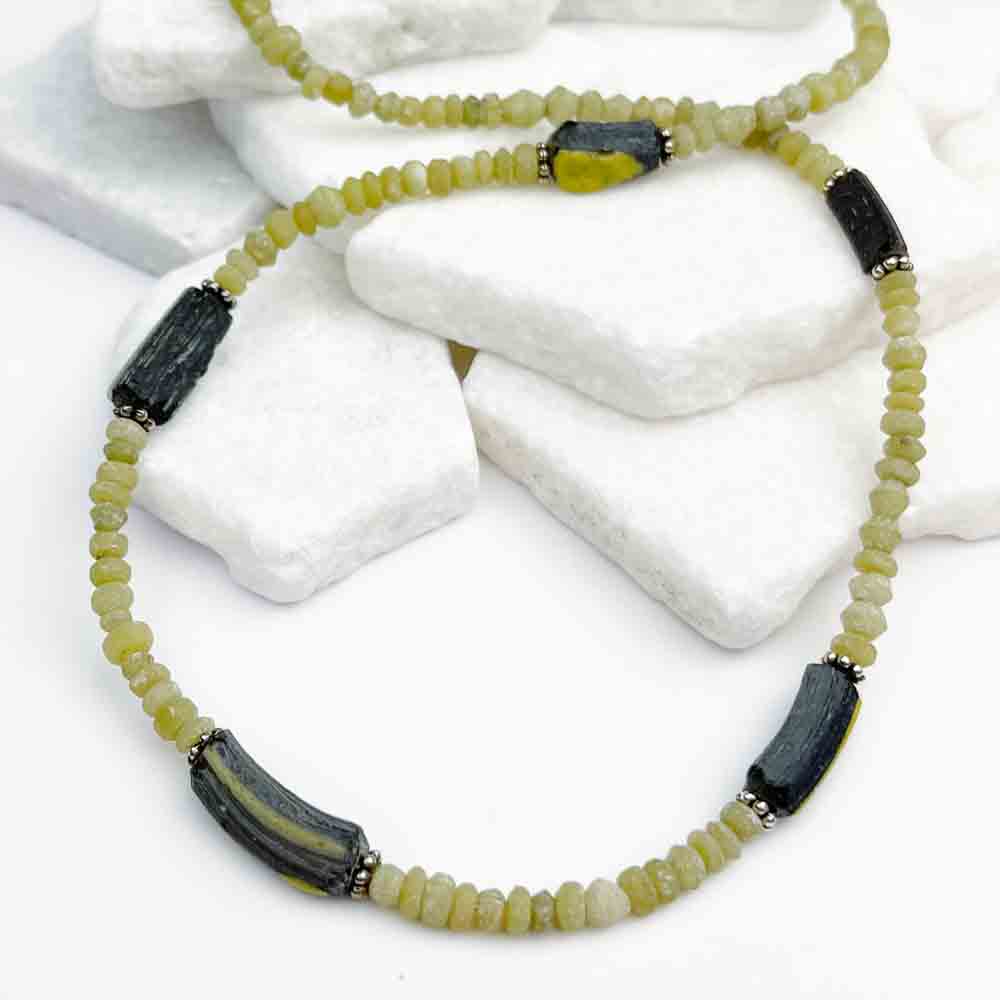 Ancient Roman Glass Bracelet Fragments in Black and Yellow Necklace with Serpentine Beads in Sterling Silver