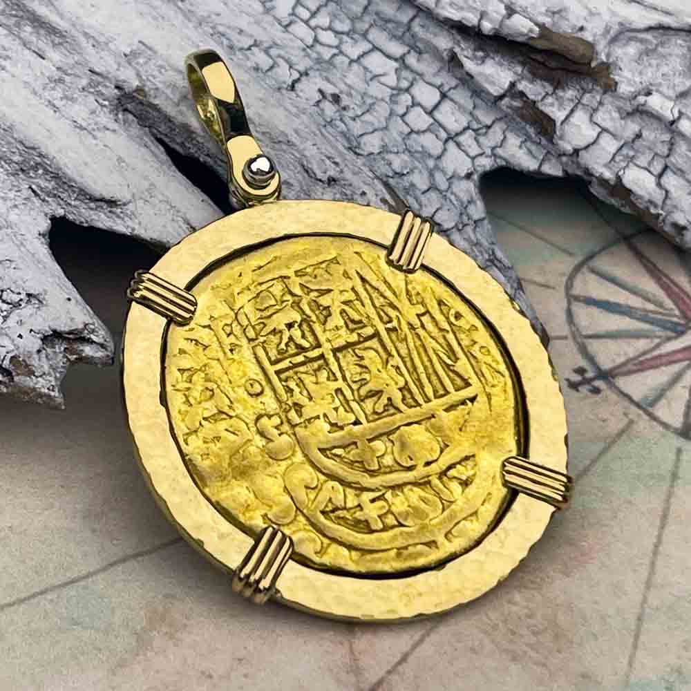 RARE Pirate Era Circa 1749 22K Gold Four Escudo - the Legendary Doubloon - 18K Gold Pendant