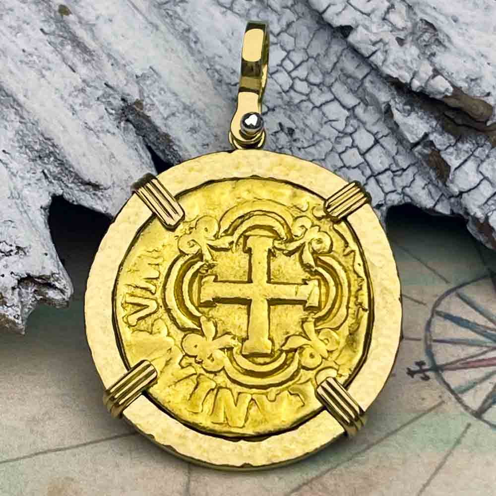 RARE Pirate Era Circa 1749 22K Gold Four Escudo - the Legendary Doubloon - 18K Gold Pendant