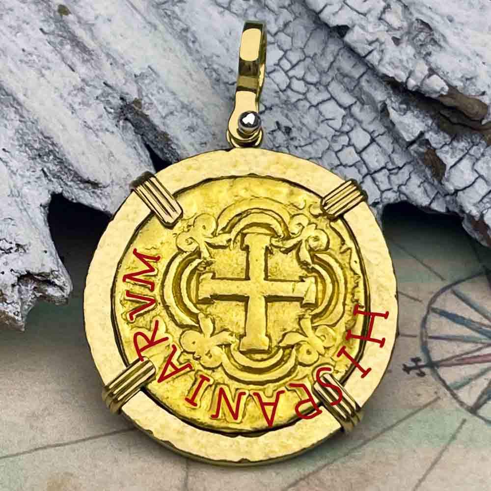 RARE Pirate Era Circa 1749 22K Gold Four Escudo - the Legendary Doubloon - 18K Gold Pendant