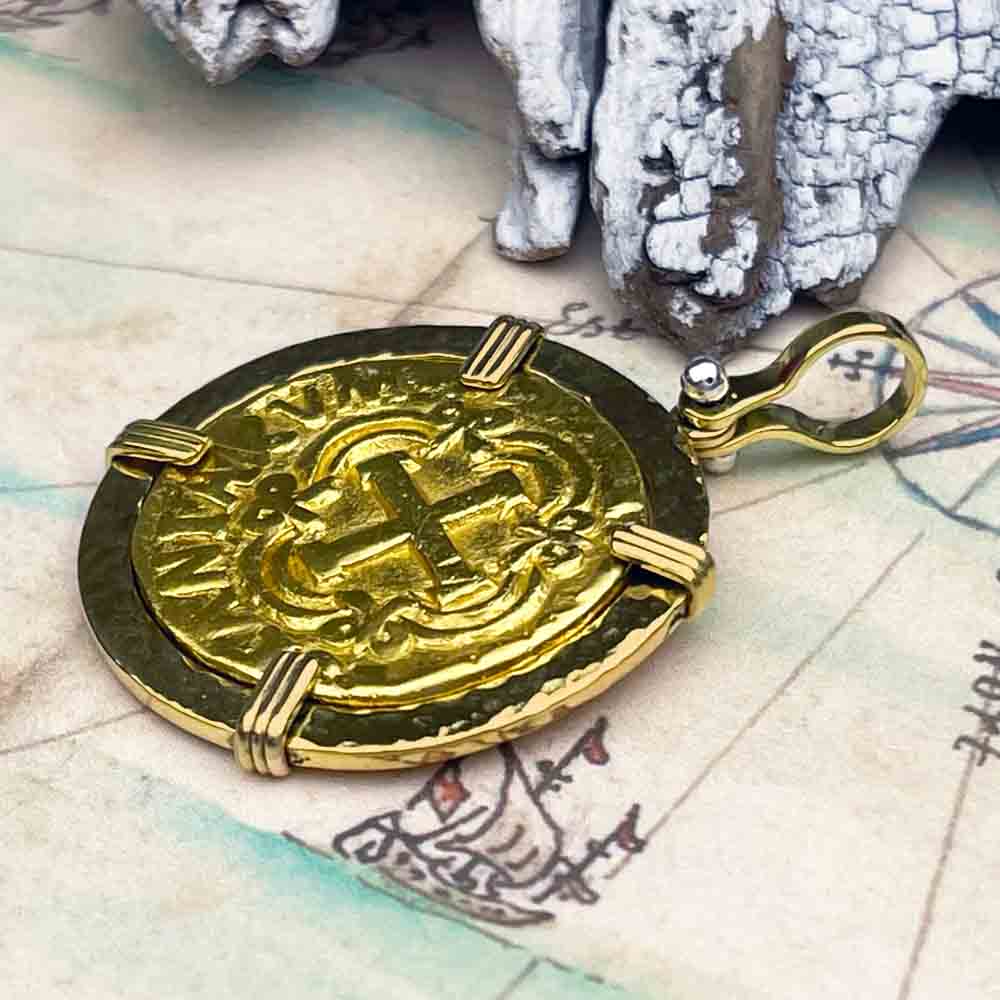 RARE Pirate Era Circa 1749 22K Gold Four Escudo - the Legendary Doubloon - 18K Gold Pendant