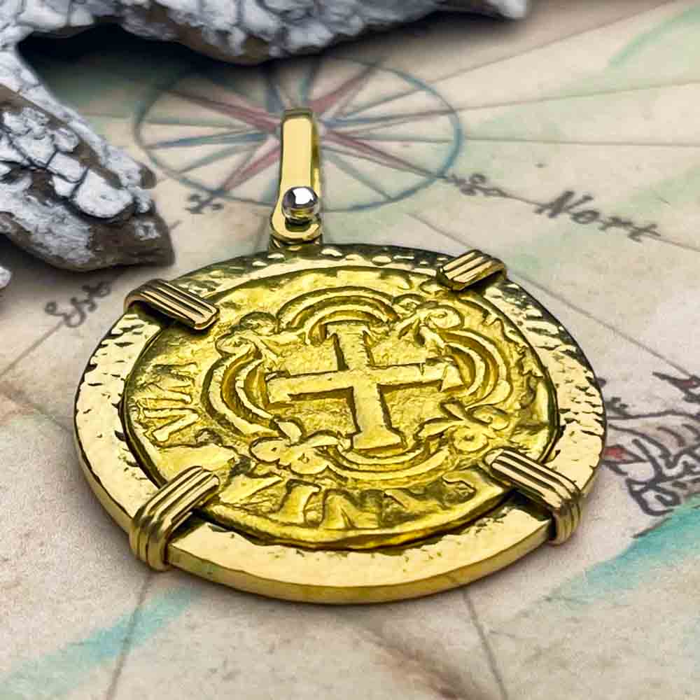 RARE Pirate Era Circa 1749 22K Gold Four Escudo - the Legendary Doubloon - 18K Gold Pendant