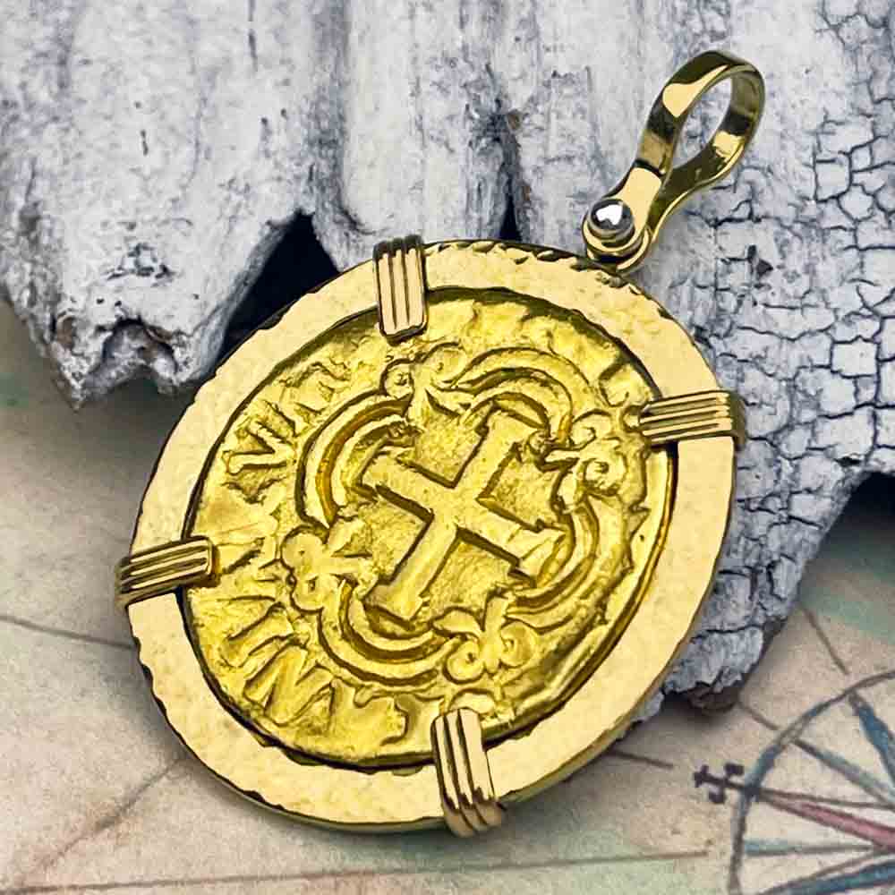 RARE Pirate Era Circa 1749 22K Gold Four Escudo - the Legendary Doubloon - 18K Gold Pendant