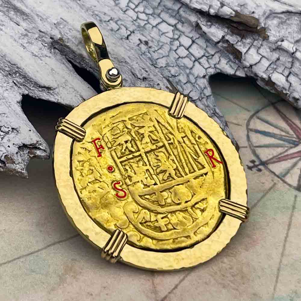 RARE Pirate Era Circa 1749 22K Gold Four Escudo - the Legendary Doubloon - 18K Gold Pendant