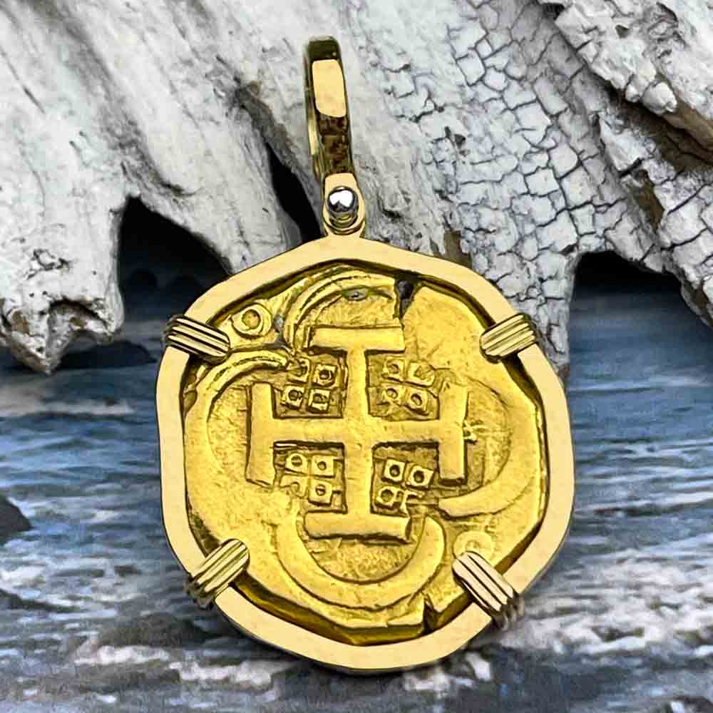 EXTREMELY RARE Pirate Era Unknown Shipwreck 22K Gold 4 Escudo with Coral Encrustation 18K Gold Pendant