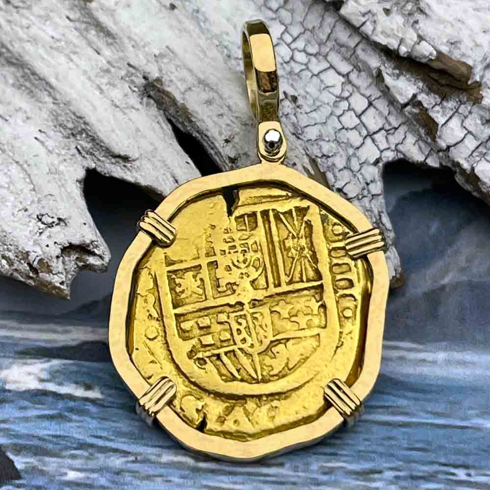 EXTREMELY RARE Pirate Era Unknown Shipwreck 22K Gold 4 Escudo with Coral Encrustation 18K Gold Pendant