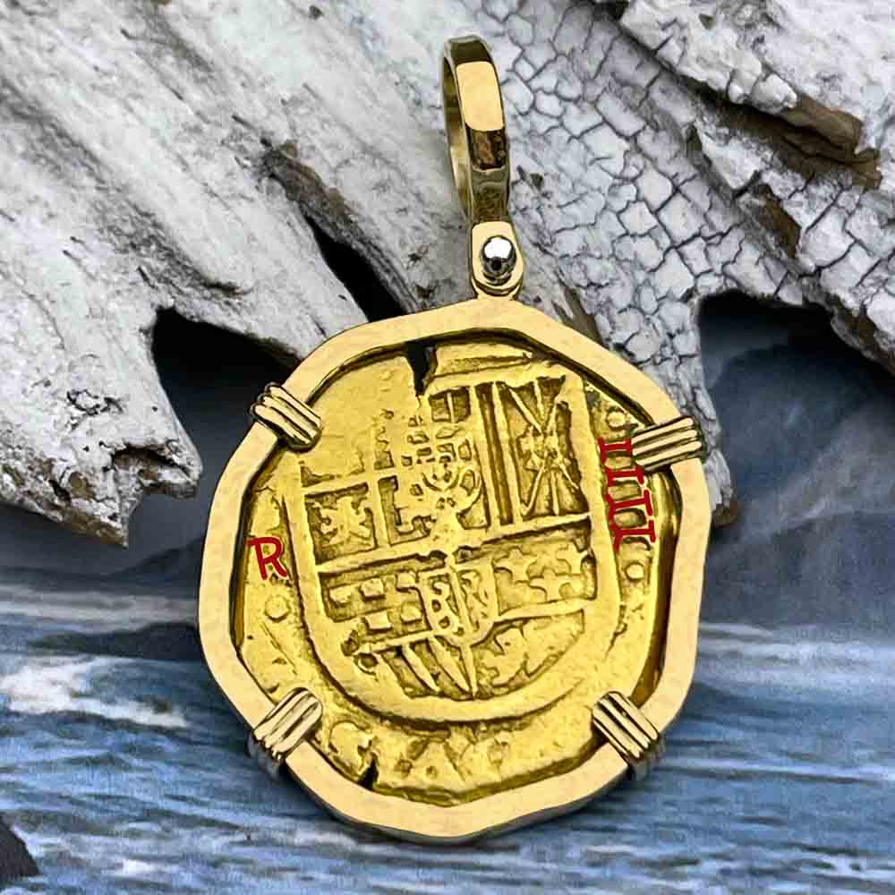 EXTREMELY RARE Pirate Era Unknown Shipwreck 22K Gold 4 Escudo with Coral Encrustation 18K Gold Pendant