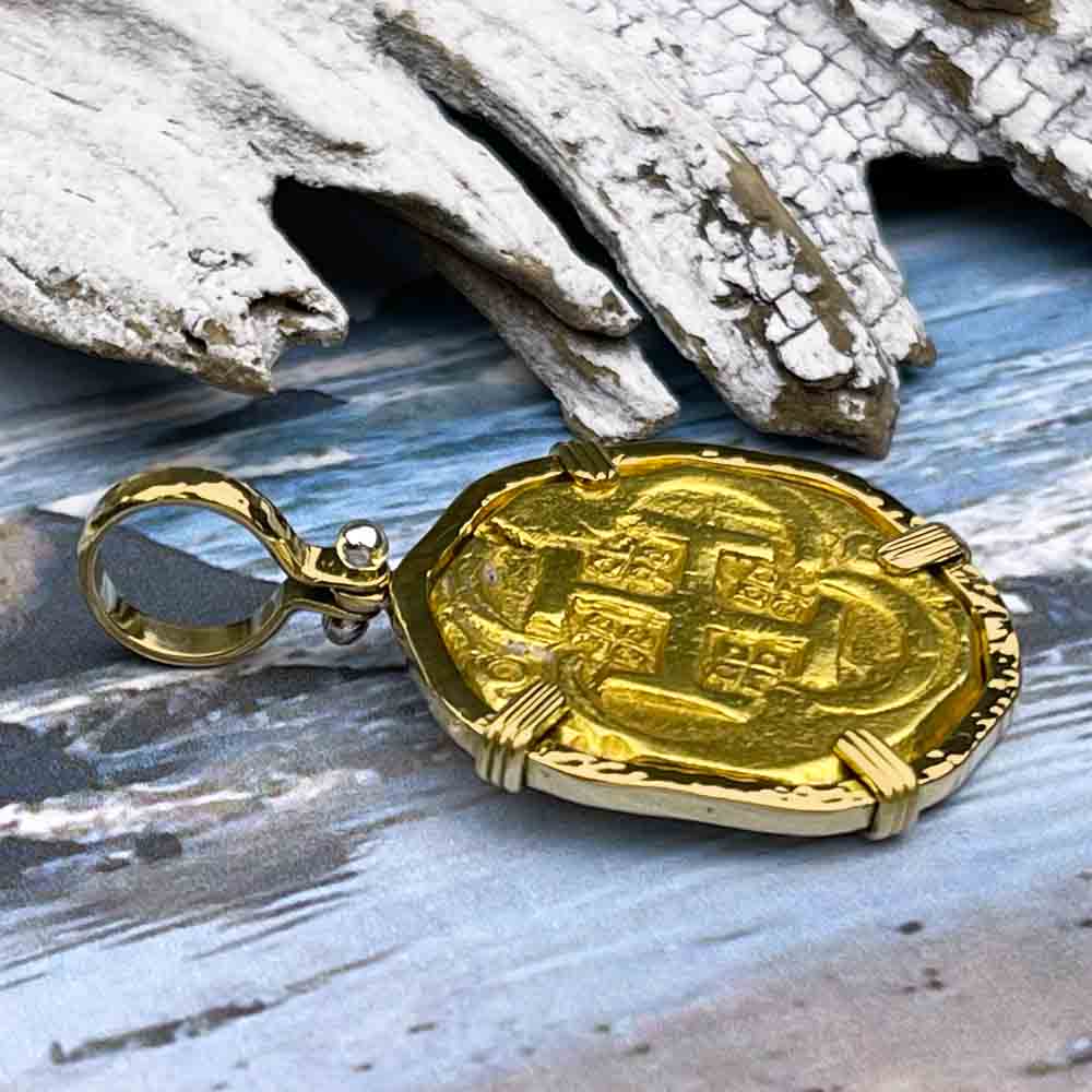 EXTREMELY RARE Pirate Era Unknown Shipwreck 22K Gold 4 Escudo with Coral Encrustation 18K Gold Pendant