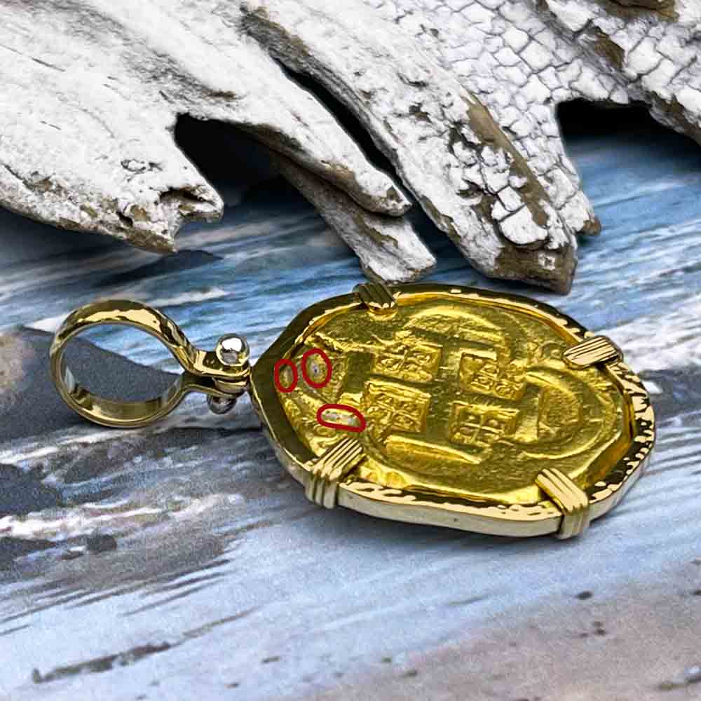 EXTREMELY RARE Pirate Era Unknown Shipwreck 22K Gold 4 Escudo with Coral Encrustation 18K Gold Pendant