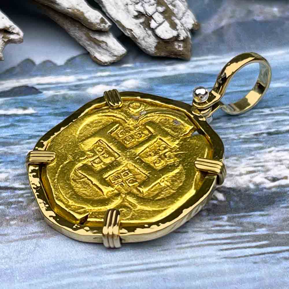 EXTREMELY RARE Pirate Era Unknown Shipwreck 22K Gold 4 Escudo with Coral Encrustation 18K Gold Pendant