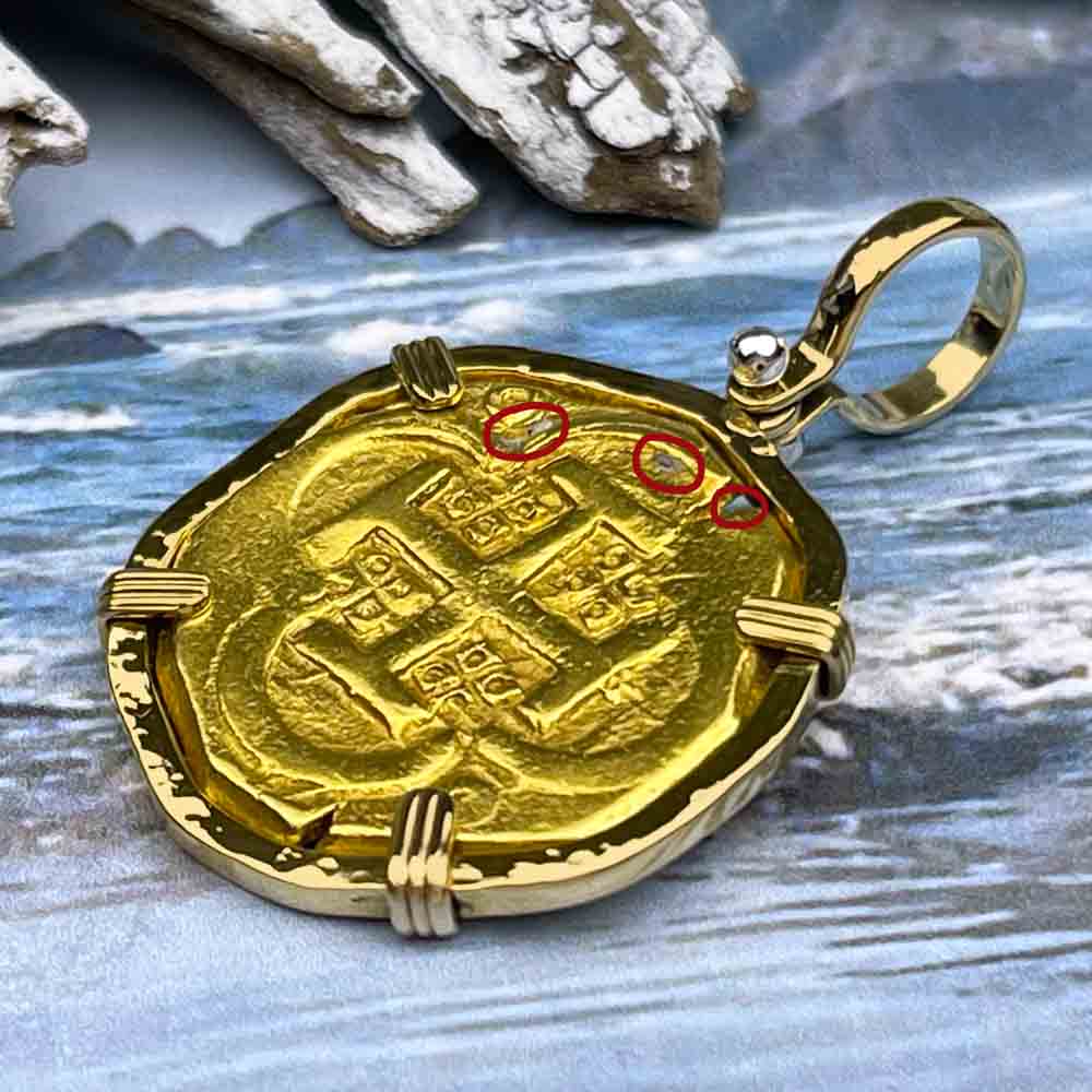 EXTREMELY RARE Pirate Era Unknown Shipwreck 22K Gold 4 Escudo with Coral Encrustation 18K Gold Pendant